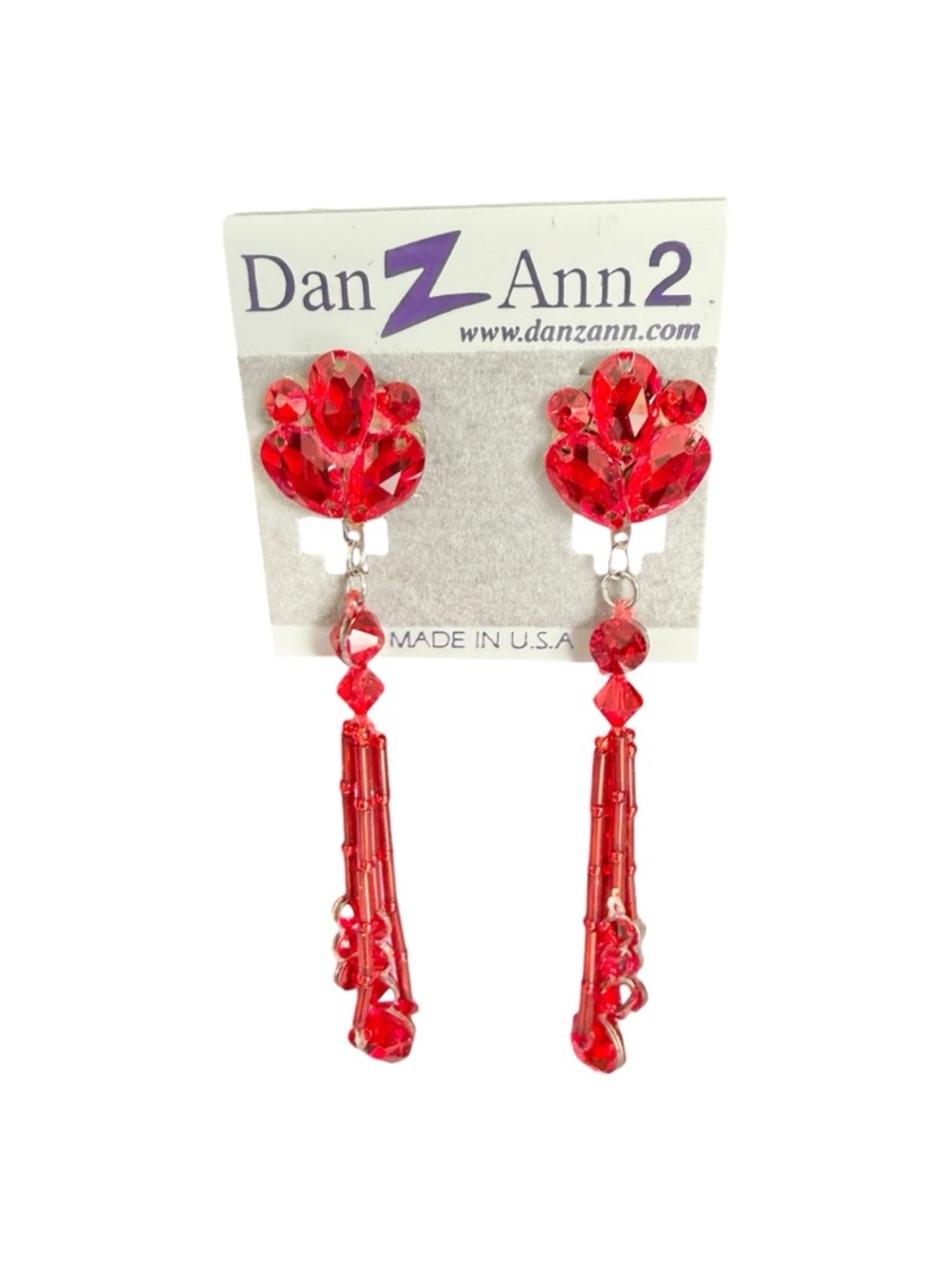 DanZann Ballroom Dance Earrings Red Crystal Clip On Statement Dangle NWT
